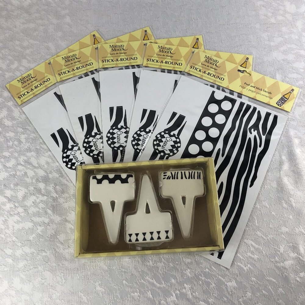 Mango Moon Ceramic Writeable Cheese Markers Set of 6 & Mango Moon Decals 5 pkgs